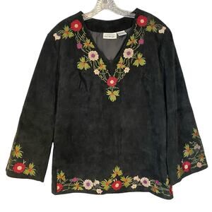 🌸 Jeanology Black Suede Leather Top Small Floral Embroidered Boho Festival 🌸